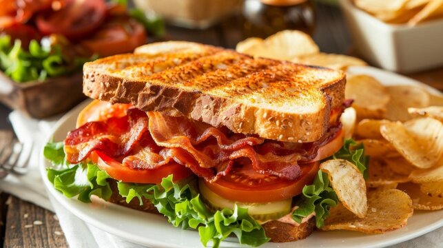 Delicious BLT sandwich with crispy bacon, fresh lettuce, and juicy tomatoes, served with crunchy potato chips on a white plate.