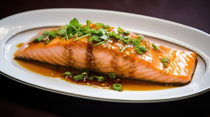 Wall Mural - Salmon prepared with a refreshing sweet garlic sauce.photograph of telephoto lens realistic daylight --ar 16:9 --stylize 50 --v 5.2 Job ID: 674396e8-14ec-4a50-baa0-704df95d57c4