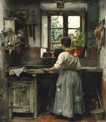 Poster - A woman standing in a kitchen looking out the window