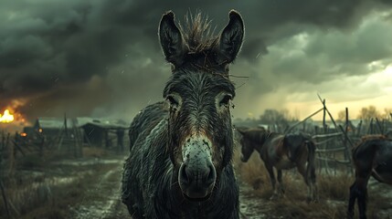 Sticker -  A donkey in front of a dramatic, stormy sky.