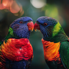 Wall Mural - AI generated illustration of colorful parrots kissing