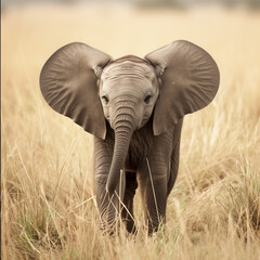 Sticker - AI generated illustration of a young elephant in a grassy meadow