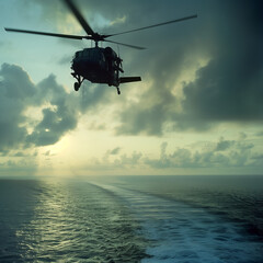 Poster - AI generated illustration of a helicopter flying over a vast body of water at sunset