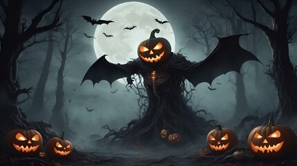 Wall Mural - halloween pumpkin lanterns in a spooky forest and a scary tree