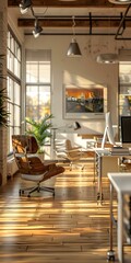 Poster - Modern office interior with large windows and wooden floor