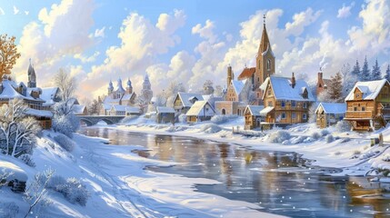 Wall Mural - Winter landscape with old town, river and houses