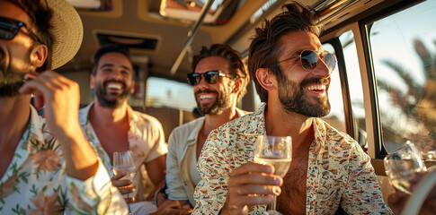 Wall Mural - handsome men in a luxury bus, laughing and drinking champagne on the way to a party at a beach club. Colorful with wide angle photography in the summer light, shot with a Sony Alpha A7 III camera at a