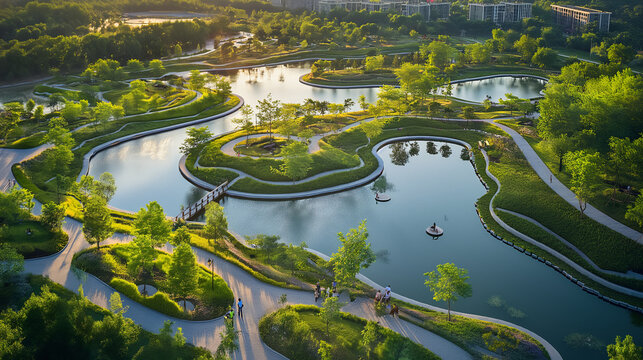Overall, the aerial view captures the urban park as a dynamic and vibrant oasis within the cityscape.