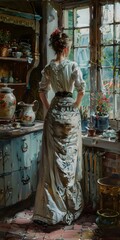 Wall Mural - An elegant lady standing in the kitchen and looking out the window