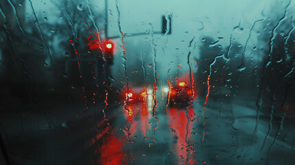 blurry photo from inside the car windshield, during heavy rain during the day, at a red street light, real pictures