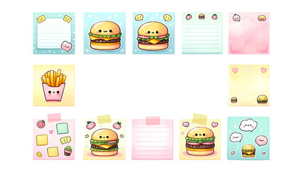 watercolor set of empty cute sticky notes burger isolated on transparent background