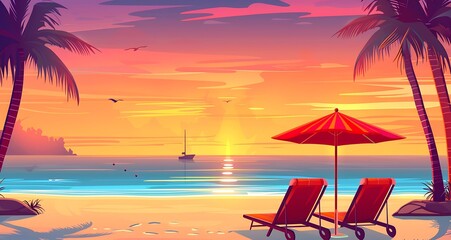 Tropical beach with palm trees, two sunbeds and umbrella against sunset sky background