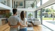 © NEW - A couple stands inside their modern home with large windows and open space, looking out into their garden on a sunny day.
