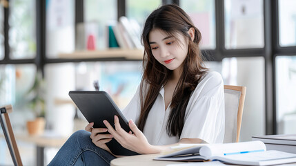 Poster - A woman is sitting at a table with a tablet in her hand. She is looking at the screen with a serious expression. The scene suggests that she might be working or studying.Generative ai illustration.