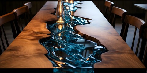 Wall Mural - Wood table with epoxy resin river running through abstract topographic contours. Concept Woodworking, Epoxy Resin, River Table, Abstract Art, Topographic Design