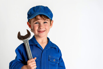 Smiling boy dressed as a plumber holding a wrench, isolated on white background