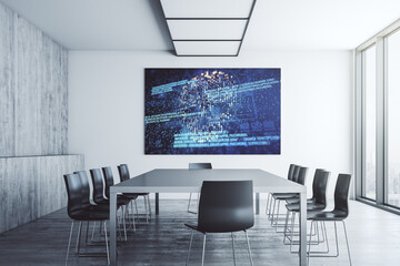 Poster - Creative concept of code skull illustration on presentation screen in a modern conference room. Hacking and phishing concept. 3D Rendering