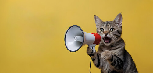 Wall Mural - A funny cat screaming with megaphone with an isolated background