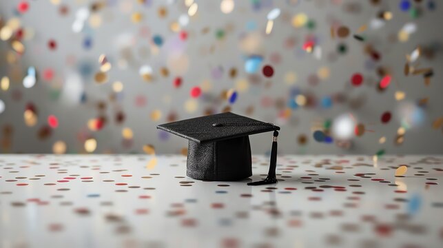 Graduation cap on table with confetti falling