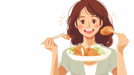 Wall Mural - Japanese woman savoring a plate of crispy tonkatsu, breaded and deep-fried pork cutlets served with a tangy tonkatsu sauce and shredded cabbage