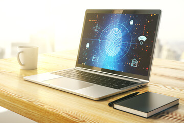 Poster - Computer monitor with abstract fingerprint scan interface, digital access concept. 3D Rendering