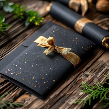 Black gift envelope with gold ribbon and glitter on rustic wooden background.