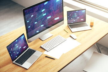 Poster - Modern computer screen with abstract creative coding sketch, artificial intelligence and neural networks concept. 3D Rendering