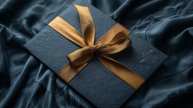 Elegant blue gift box with golden ribbon on a silky blue background.