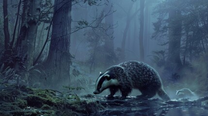Badger in Enchanted Forest at Dawn