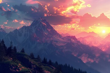 Wall Mural - Vibrant Sunset Over Snowy Mountain Peaks