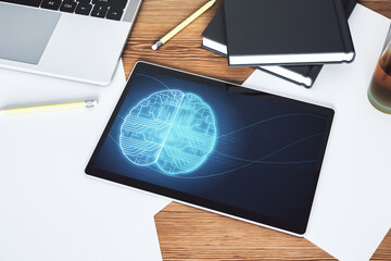 Poster - Top view of modern digital tablet screen with creative human brain microcircuit. Future technology and AI concept. 3D Rendering