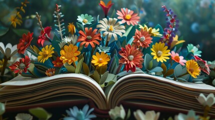 Poster - An open book with paper flowers on top of it