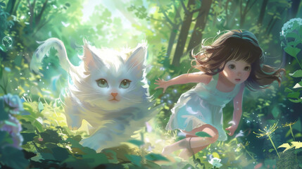 Wall Mural - A little girl running with a white cat