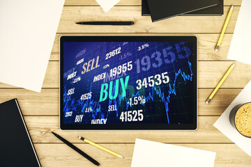 Poster - Top view of abstract creative financial graph on modern digital tablet screen, forex and investment concept. 3D Rendering