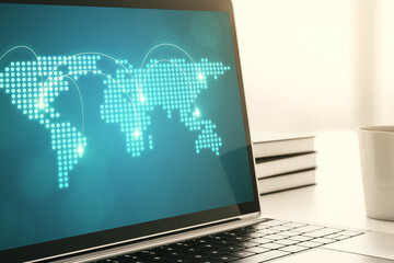 Poster - Abstract creative world map with connections on modern laptop screen, international trading concept. 3D Rendering