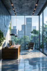 Wall Mural - Modern office interior with large windows and a view of the city