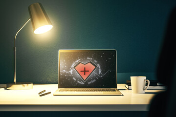 Poster - Creative abstract heart rate sketch on modern laptop monitor, Medicine and healthcare concept. 3D Rendering