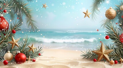 Christmas in July sale announcement template with holiday decorations on a beach background.