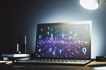 Aufkleber - Creative concept of binary code illustration on modern laptop screen. Big data and coding concept. 3D Rendering