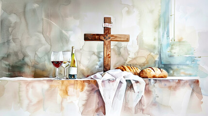 Wall Mural - A watercolor painting depicting a simple, yet profound scene of a wooden cross, two glasses of wine, and loaves of bread, symbolic of the Last Supper