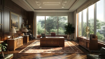 Poster - Luxurious and spacious home office with a large desk, comfortable seating, and a beautiful view of the outside.