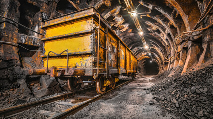 Wall Mural - A yellow ore cart sits on rails inside a dark, industrial mine tunnel