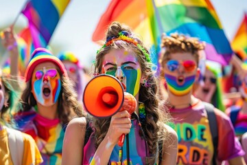 Poster - Energetic pride parade participant with rainbow flag and megaphone capturing lively celebration and unity in a colorful scene