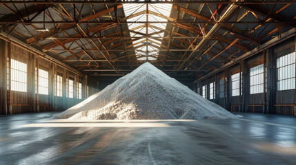 A massive heap of white sand, resembling a desert oasis, fills a warehouse where potash fertilizers are mined and processed