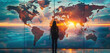 © Anna - Traveler Admiring World Map Mural at Sunrise.