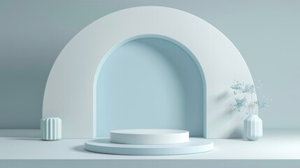 Poster - A minimalist display featuring a blue and white arch with geometric shapes and vases, perfect for product showcases or artistic presentations. Minimalist Blue and White Arch Display

