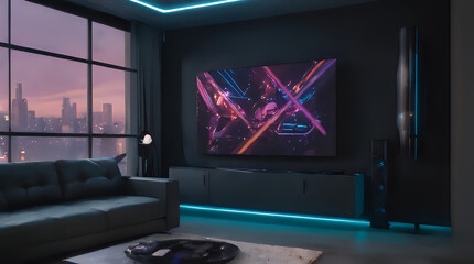 Wall Mural - a large television in a room with a city view