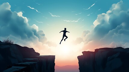 Go ahead and continuously improvement concept silhouette man jump on a cliff from past to future with cloud sky background 