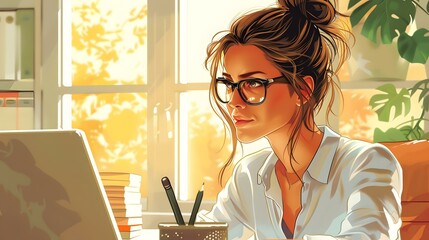 Wall Mural - A woman is sitting at her desk looking at her laptop.