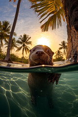 Wall Mural - amphibian otter underwater in a caribbean beach with palm trees, setting sun, tropical beach